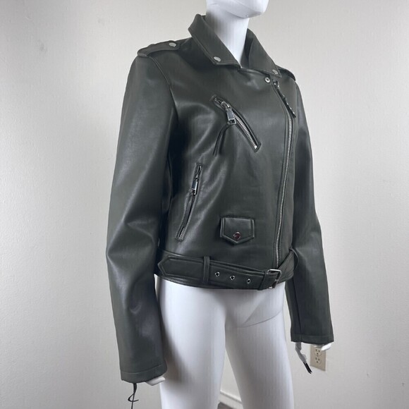 Rebecca Minkoff Women Size L Green Faux Leather Asymmetrical Moto NEW Jacket - Picture 7 of 16